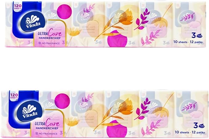 Vinda 3-Ply Mini Ultra Care Pocket Tissues, Portable Series Facial Tissue, Travel Size for Use In All Occasions (24 Packs of 10 Tissues)