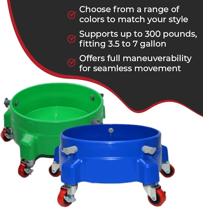 Heavy Duty Car Wash Bucket Dolly with 360° Swivel Casters | Fits 3.5–7 Gallon Buckets | 300 lb Capacity | Soap Holder | Rolling Pail Stand for Auto Detailing |Black
