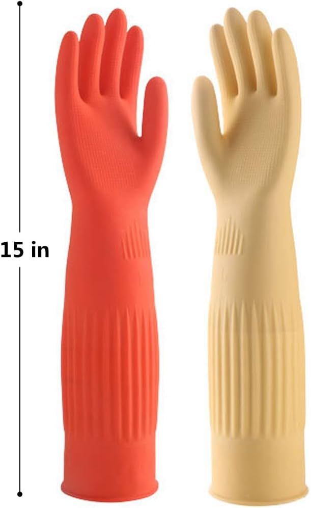 Household Dishwashing Cleaning Rubber Gloves 2 Pairs, Reusable Waterproof Kitchen Gloves Non-Slip Cleaning Gloves