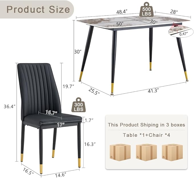 5 Pieces Modern Sintered Stone Dining Table Set 50" Rectangular Faux Marble Tabletop Kitchen Table with 4 PU Leather Chair Dinette Set(1Faux Marble Table+4Black Chairs)