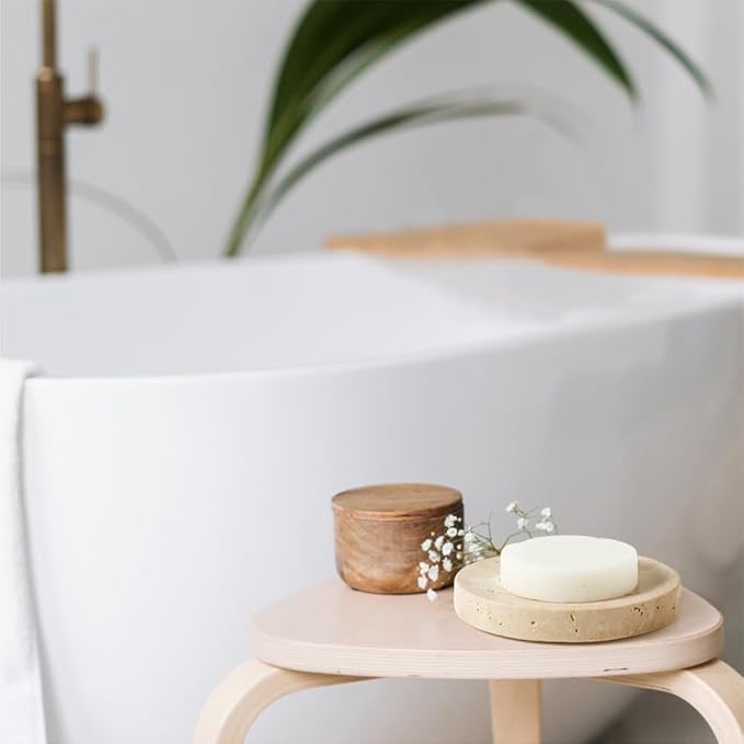 WORHE Marble Soap Dishes Natural Travertine Stone Sponge Holder for Bathroom Tub Shower Kitchen Sink, Handcraft Round Soap Case Trinket Plate Jewelry Tray Coaster for Home Decor Color Beige (WH046)