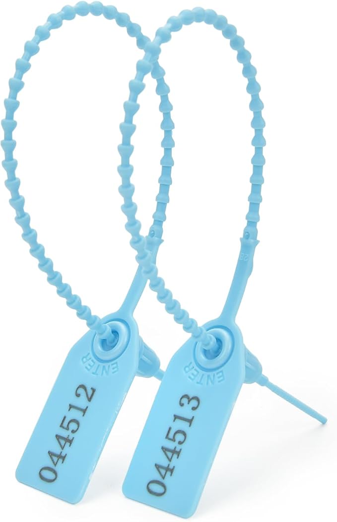 200pcs Plastic Security Tamper Seals Shipping Tags Disposable Signage Numbered Pull Tight Padlock Safety Self-Locking Seal Ties Tag, Light Blue