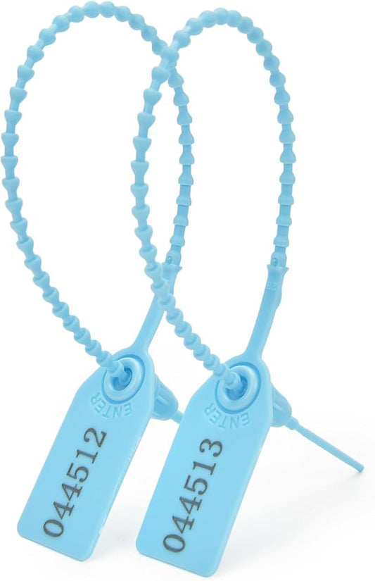 200pcs Plastic Security Tamper Seals Shipping Tags Disposable Signage Numbered Pull Tight Padlock Safety Self-Locking Seal Ties Tag, Light Blue