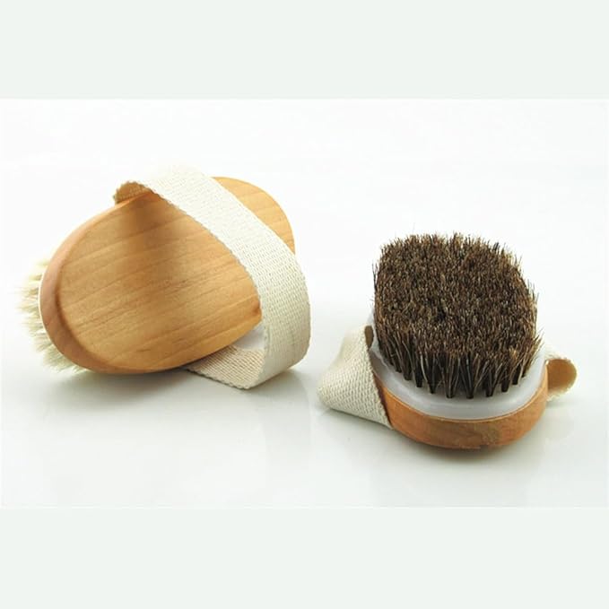Wooden Soft Horsehair Mane Natural Bristles Bath & Shower Brush, 5x2.8 Inch Oval Shape Dry Body Brush Scrubber for Exfoliating, Detox and Cellulite, etc. (White Horsehair)
