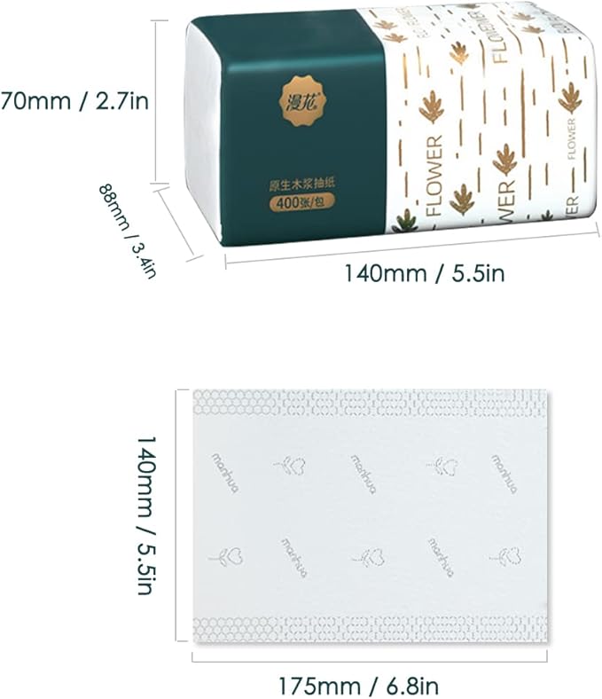 Pack of 4, Small Facial Tissue, Toilet Paper, Bag Cover, Disposable Napkin, Material Wood Pulp Fiber NOT COTTON, White Facial Paper, 4-Ply, 400 Sheets per Pack