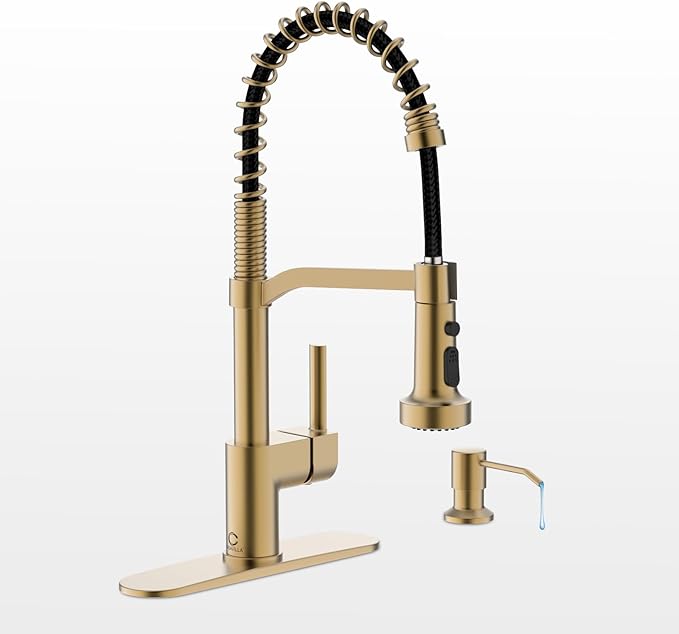 Gold Kitchen Faucet Soap Dispenser, Faucet for Kitchen Sink, Kitchen Sink Faucet with Deck Plate, RV Kitchen Faucet with Pull Down Sprayer and Dual Function Spray Head