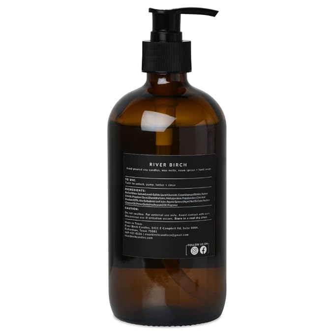 River Birch Tobacco Vanilla Scented Natural Hand Soap - Handmade Soap - Moisturizing Hand Wash with Amber Glass Dispenser - Luxury Scented Hydrating Hand Soap - Vegan and Non-Toxic - 16 Fl Oz