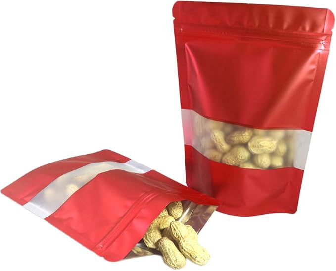 4CP 100 Pcs Red Zipper Smell Proof Bags with Window, 6.3x9.5 Inch Stand Up Foil Pouches for Food Selfsealing Storage, Reusable Bag for Packaging Small Business, Cookies, Nunt, Candy