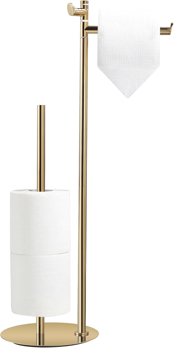 BGL Toilet Paper Holder Stand, SUS304 Stainless Steel Gold, Weighted Base, Holds 5 Jumbo Rolls, Space-Saving Modern Bathroom Storage with Built-in Hook