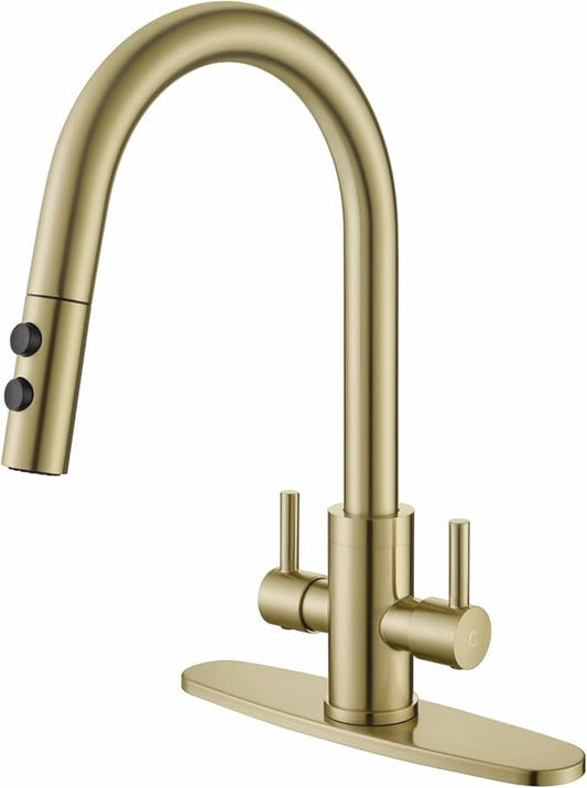 Kitchen Sink Faucet, 2 Handles Pull Down with Sprayer, Brushed Gold, PB1056