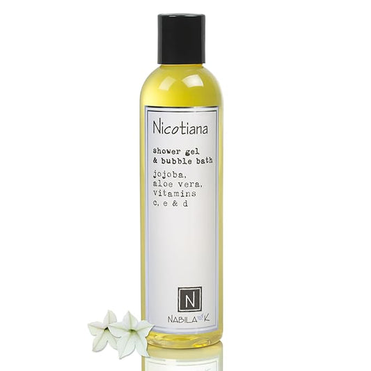 Nabila K Nicotiana Shower Gel & Bubble Bath, 9 oz – Non-Drying Body Wash with Jojoba, Aloe Vera & Vitamins – Naturally-Derived, Sulfate-Free – Made in USA – For Men & Women