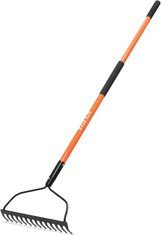 Garden Rake Heavy Duty, 14-Tine Bow Rake with 57" Fiberglass Handle, for Soil Leveling, Lawn Care, Mulch Spreading, Leaf and Debris Cleanup