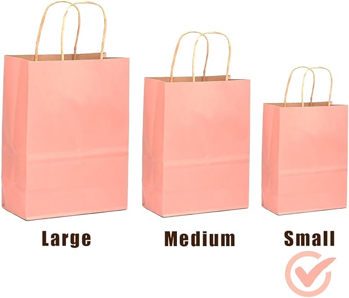 qiqee 32Pcs Small Size Light Pink Kraft Paper GIft Bags with Handles - 8.3"x6"x3.15" Kraft Small Party Bags