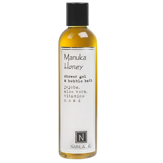 Nabila K Manuka Honey Shower Gel & Bubble Bath, 9 oz – Non-Drying Body Wash with Jojoba, Aloe Vera & Vitamins – Naturally-Derived, Sulfate-Free – Made in USA – For Men & Women