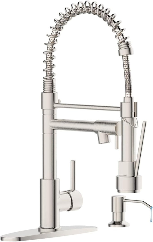 Kitchen Faucet with Soap Dispenser,Single Handle Faucet for Camper Farmhouse RV Kitchen Sink,Spring Kitchen Sink Faucets with Pull Down Sprayer and Deck Plate,Dual Function Spray Head,Brushed Nickel