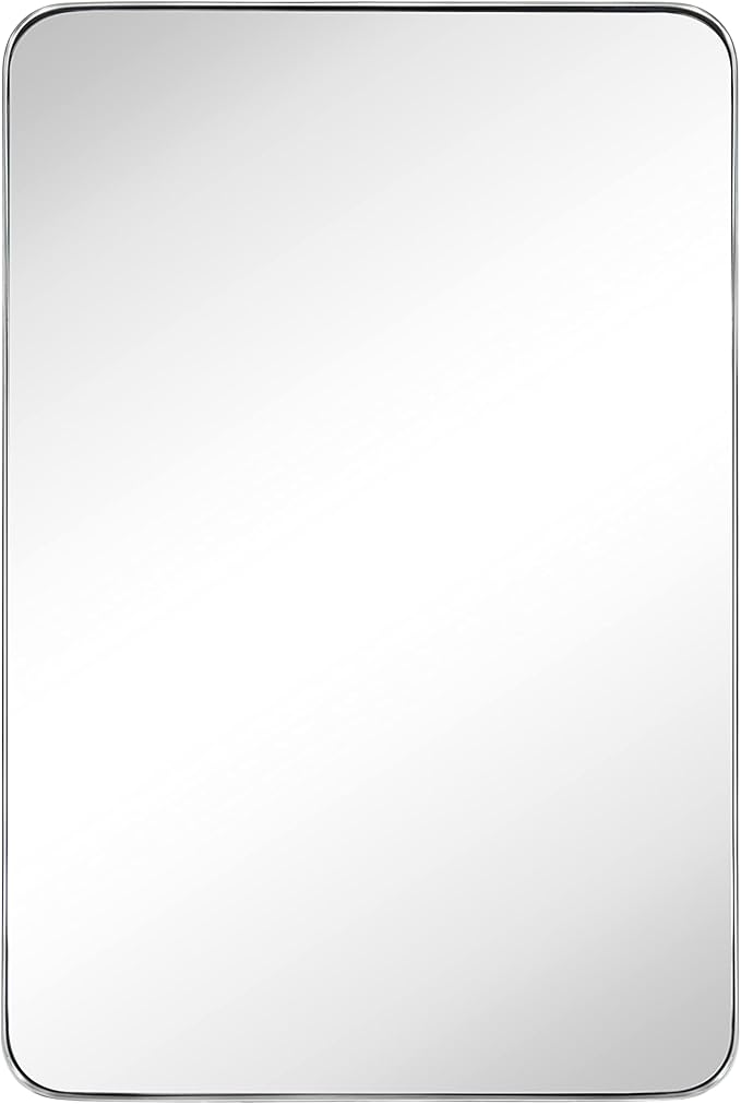 GRACTO 24x36'' Chrome Metal Framed Bathroom Mirror for Wall in Stainless Steel Rounded Rectangular Bathroom Vanity Mirrors Wall Mounted