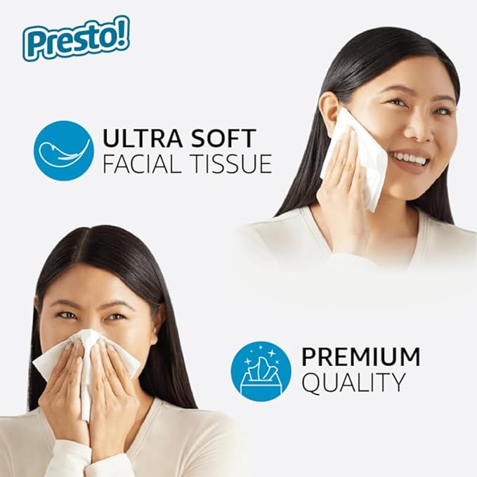 Amazon Brand - Presto! Ultra-Soft 3-Ply Premium Facial Tissues, 264 Count (8 Packs of 66), (Packaging May Vary)