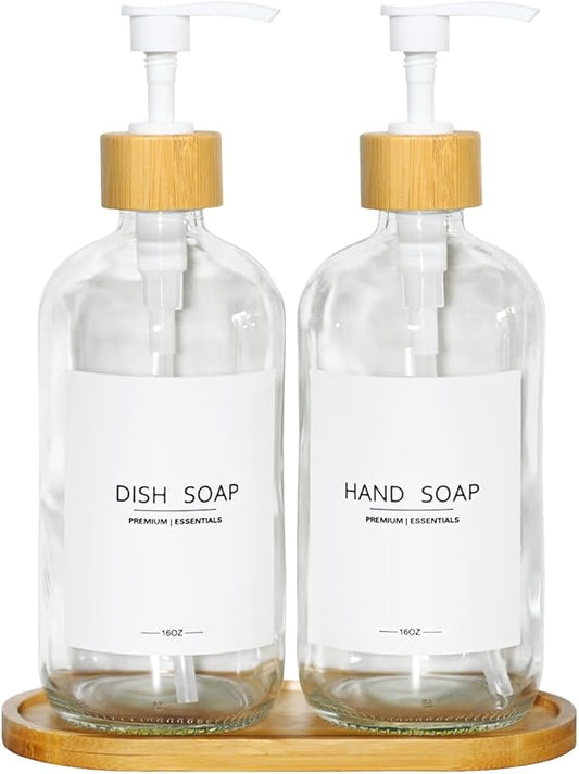 Luxury Glass Soap Dispenser Set - 2 Refillable 16.9oz Bottles, Bamboo Pump & Tray for Farmhouse & Modern Decor, 9 Waterproof Labels for Kitchen/Bathroom (Clear Bottle+White Bamboo Pumps+Tray)