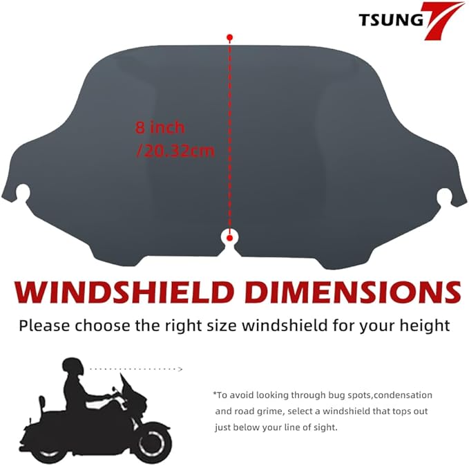 TSUNG 8" Smoke Wave Windshield – Wind Splitter Windscreen Fit for 1996-2013 Touring-Style & Bagger-Style Motorcycles (Fit 96-13 Smoke, 8inch)