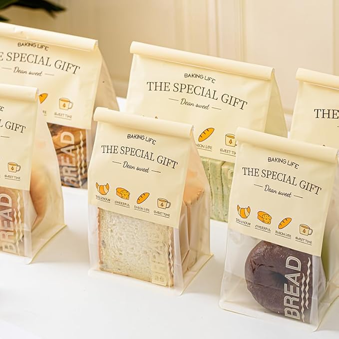 50 Pcs 5.1 Inch Bread Bags with Tin Tie, Bread Pattern Small Loaf Bags Made Of Milky yellow Paper, Storage Packing Bag with Clear Window for Bakery, Cafe, Homemade