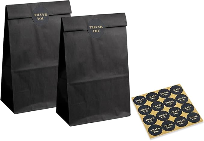 Bakepacker 100 Pcs Black Treat Paper Bags with 100 Stickers 5.1"x3.1"x9.4" Kraft Small Party Gift Bag Snack Bag without Handle