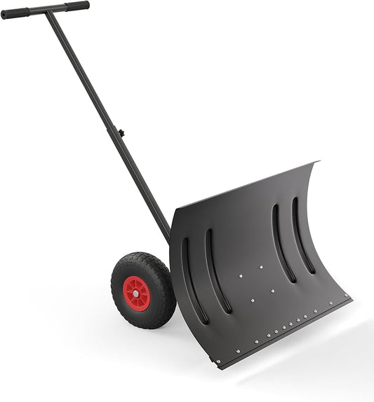 GarveeLife 29" Snow Shovel Pusher for Driveway, Heavy Duty Metal Wheeled Snow Plow with Adjustable Handle&Angled Blade,Ergonomic Single Rod Snow Removal Tool for Doorway/Sidewalk(Black