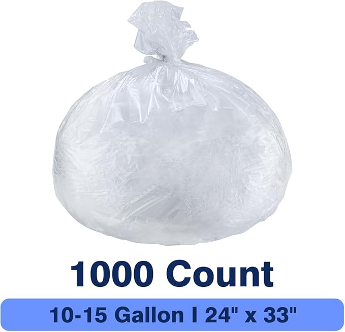 Clear Trash Can Liners, 10-15 Gallon, 24'' x 33'', Wholesale 1000 Count, High Density Garbage Bags for Bathroom, Office, Commercial and Industrial Use