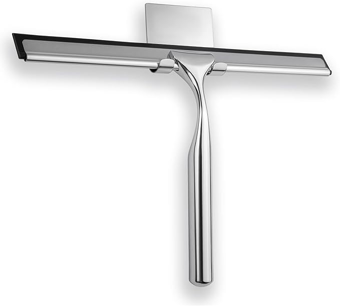 DSV Standard All-Purpose Shower Squeegee for Shower Doors, Bathroom, and Car Windshield - Stainless Steel Window Cleaner Tool with Adhesive Hook - 10 inch, Silver