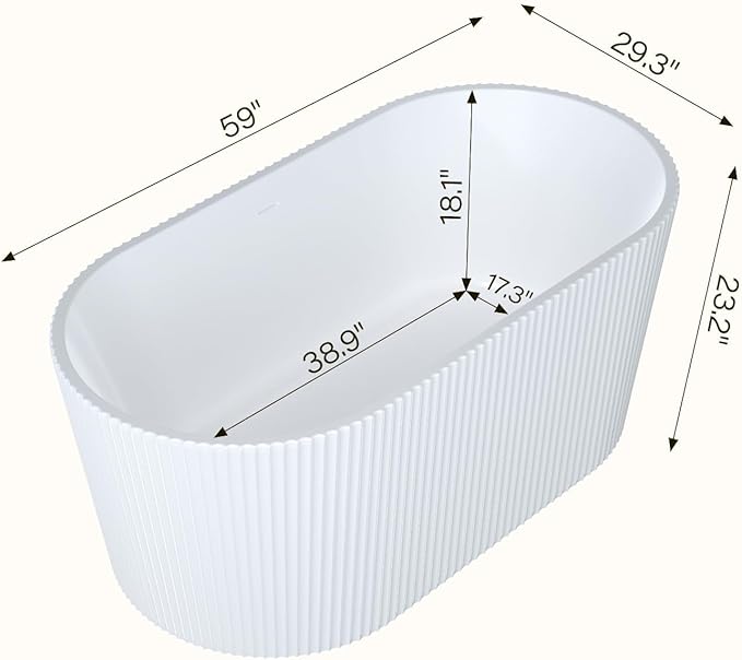 Acrylic Freestanding Bathtub, Deep Soaking Tub with Non-Slip Base, CUPC Certified Free Standing Tub, Chrome Drain Bath Tub, Modern Tub for Bathrooms, White, 59Inch