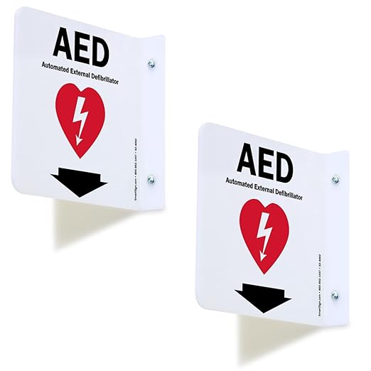 SmartSign (2-Pack) AED Projecting Sign - 6" x 6", Two-Sided Wall Mount Polished Acrylic Hallway Sign with Down Arrow, Red, Black and White
