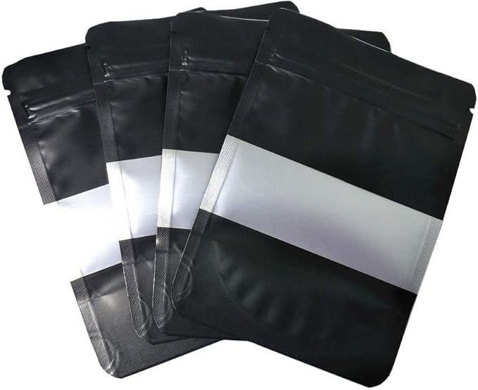 100 Pieces Mylar Bags with Window Zipper Lock Stand Up Aluminum Foil Bag for Zip Food Storage Lock Packaging Bag Reusable (4.7x7.9 inch, Black)