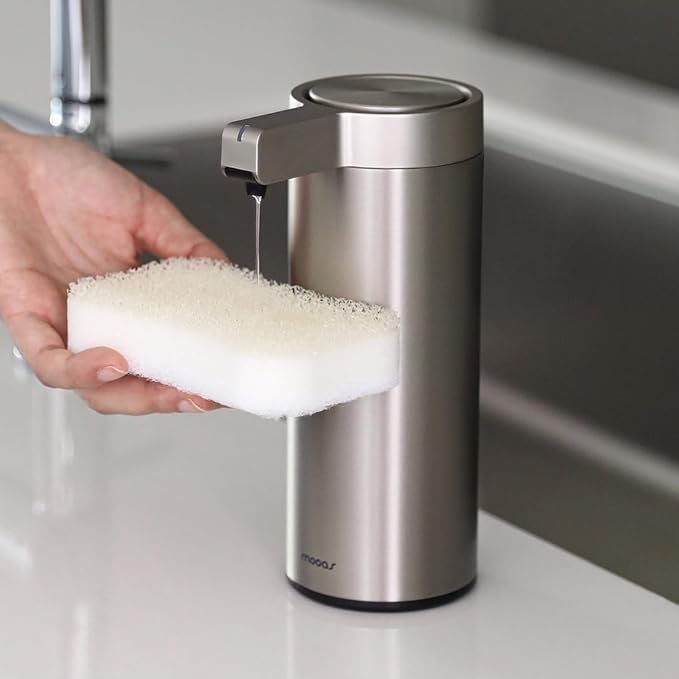 mooas Automatic Liquid Soap Dispenser Stainless Steel Touchless Hand Soap Dispenser with 3 Adjustable Levels Waterproof IPX5 Motion Sensor Dish Soap Dispenser for Kitchen Bathroom AA Battery powered