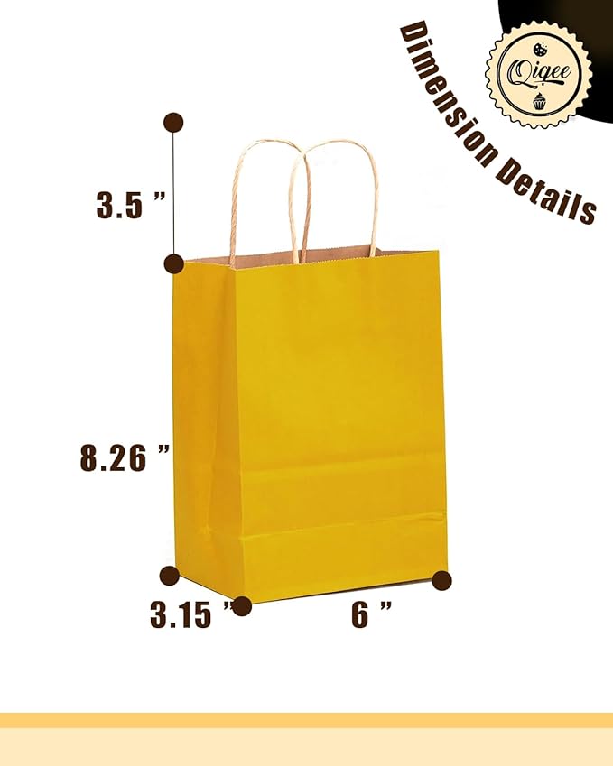 qiqee 32-Packs Bright Yellow Paper Gift Bags with Handles Bulk 8.26"×6"×3.15" Small Size Gift Bags Multiple Uses（Small Size）