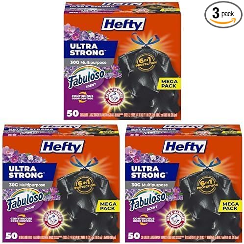 Hefty Ultra Strong Multipurpose Large Trash Bags, Black, Fabuloso Scent, 30 Gallon, 50 Count (Pack of 3)