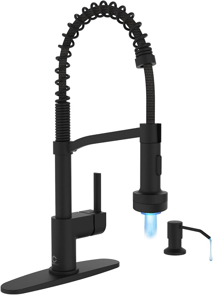 Black Kitchen Faucet with Soap Dispenser, Faucet with Light, Faucet for Camper Farmhouse RV Kitchen Sink, Single Handle Stainless Steel Kitchen Sink Faucets with Pull Down Sprayer