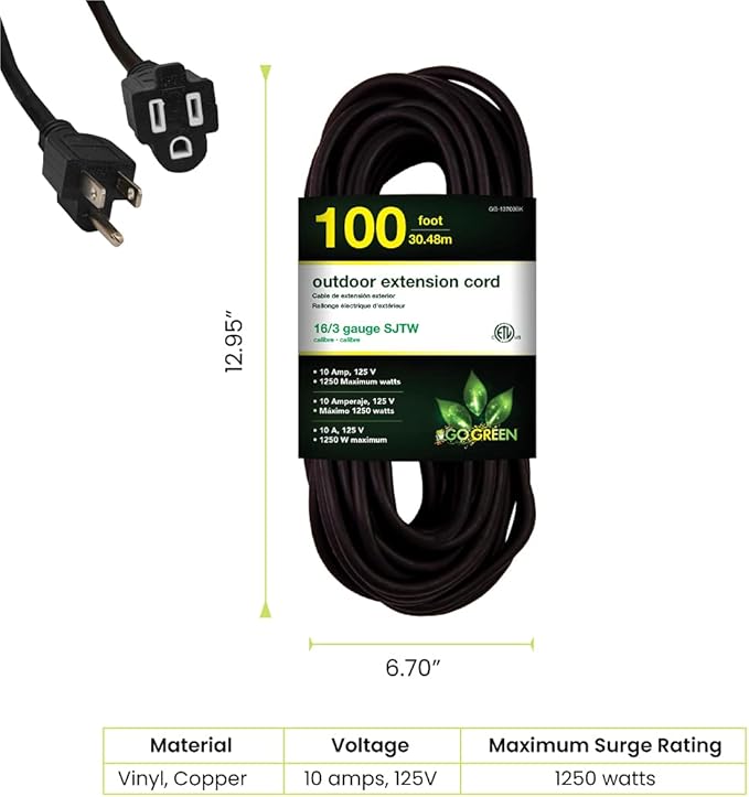 Go Green Power Inc. 16/3 100ft Black Outdoor Extension Cord - Heavy Duty, Moisture Resistant - Perfect for Tools & Equipment - GG-13700BK