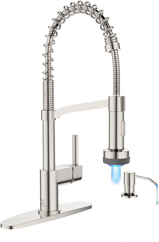 Kitchen Faucet with Soap Dispenser, LED Kitchen Faucet, Faucet for Kitchen Sink, Single Handle Stainless Steel Camper Farmhouse RV Sink Faucets with Pull Down Sprayer, Nickel Brushed