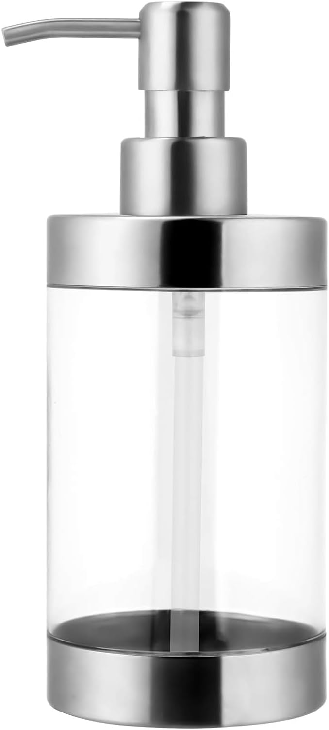 Dish Soap Dispenser Stainless Steel Case Acrylic Liner Hand Pump Dispenser Shatterproof and Leakproof Refillable Liquid Hand Soap Dispenser for Bathroom & Kitchen (10OZ/300ML)