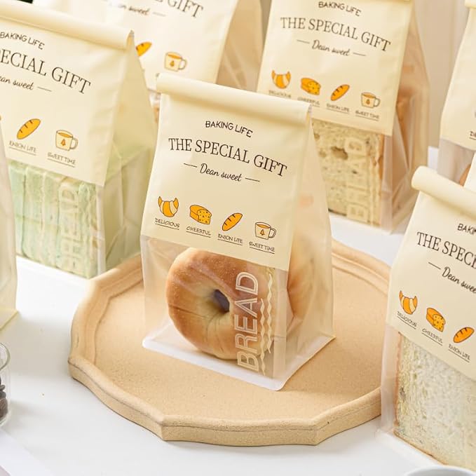 50 Pcs 8.6 Inch Bread Bags with Tin Tie, Bread Pattern Large Loaf Bags Made Of Milky yellow Paper, Storage Packing Bag with Clear Window for Bakery, Cafe, Homemade Bread