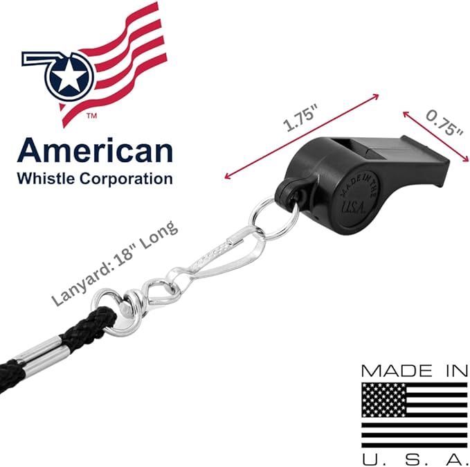 American Whistle Corporation Patriot 2-Pack - 115 db Plastic Whistles with Lanyards - Made in USA (Black)