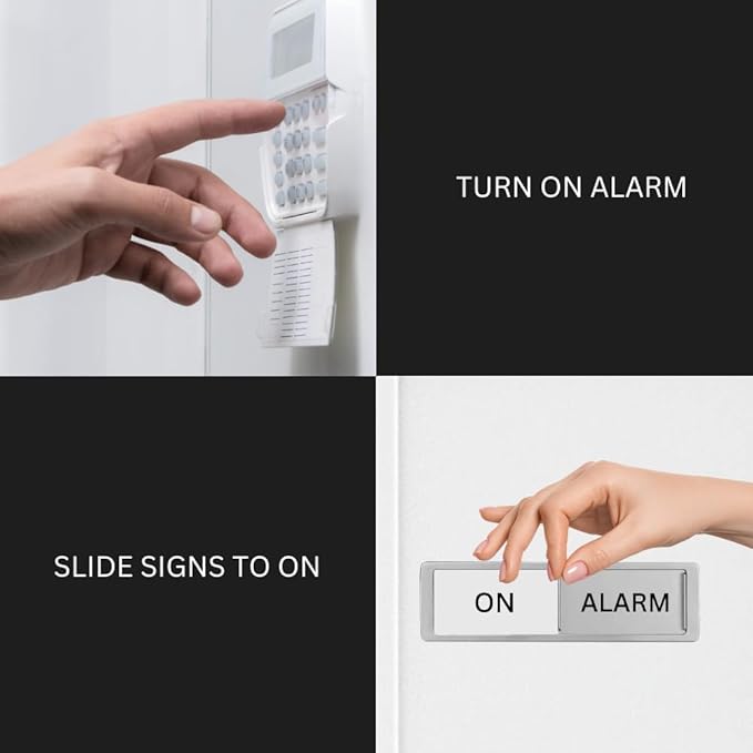Alarm On/Off Sign, Sliders, Farmhouse Design, For Home or Office, Includes Magnet and Sticker Mounts, 7 x 2 Inches, Security System Status Indicator Tag (Pack of 2)