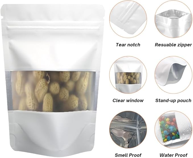 White Smell Proof Packaging Bags,Mylar Clear Bags for Food Storage,Sealable Bag for Packaging,Stand Up Pouches with Window,ReSealable Bag for Small Business,Cookies,Candy
