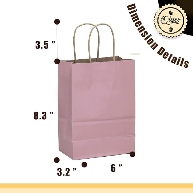 qiqee 32-Packs Light Pink Paper Gift Bags with Handles Bulk 8.26"×6"×3.15" Small Size Gift Bags Multiple Uses（Small Size）