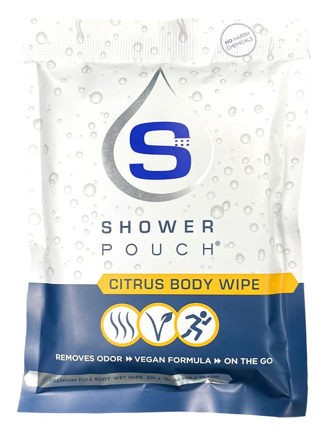Shower Pouch XL (2' x 1') Bathing Body Wipes for Adults – Aloe-Infused Heatable & Reusable Bath Wipes for Camping, Travel, Outdoor – (10 Pack) Citrus Scent