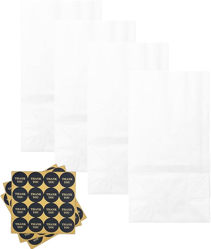 Bakepacker 100 Pcs White Treat Paper Bags with 100 Stickers 5.1"x3.1"x9.4" Small Party Gift Bag Snack Bag without Handle