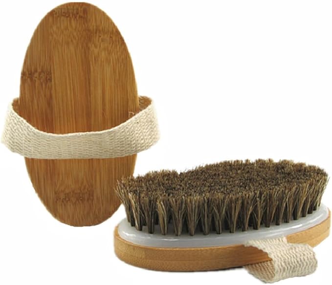 5x2.8 Inch Oval Shape Bamboo Bath & Shower Brush, Horsehair Mane Natural Bristles Dry Body Brush Scrubber for Exfoliating, Detox and Cellulite, etc. (Brown Horsehair)