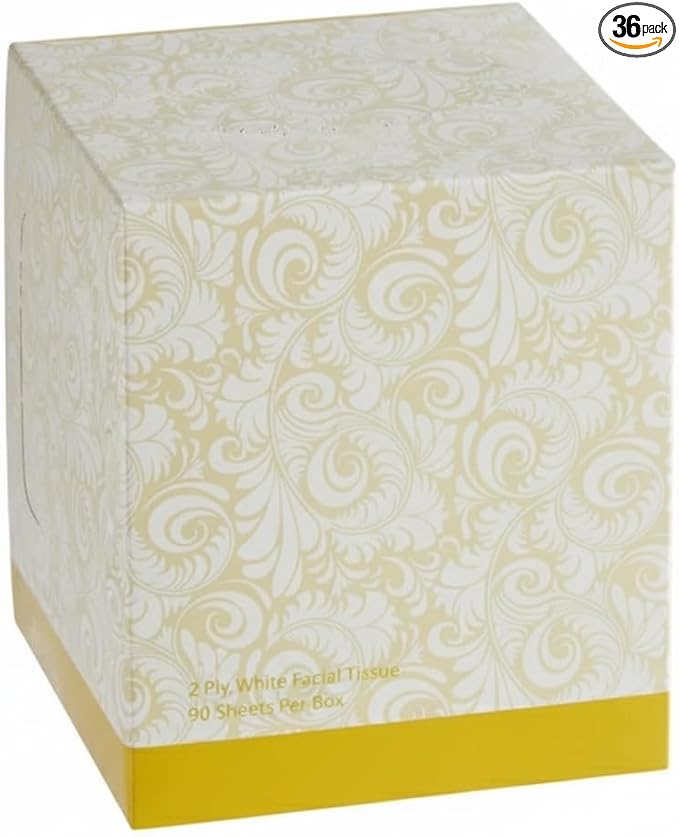 2-Ply White Facial Tissue Cube Box, 90 Sheets per Box, Paper Material, 4.25 x 4.25 x 5 Inches, 36 Count Case