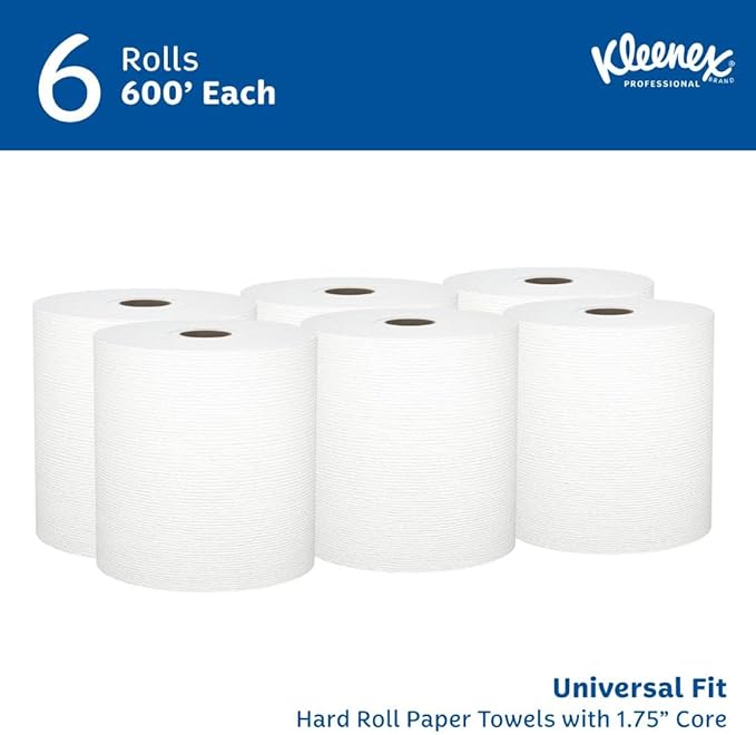 Kleenex Professional Universal Hard Roll Paper Towels, Bulk (50606), Hardwound 1.75' Core, Premium Absorbency Pockets, White (6 Rolls at 600' Each, 3,600'/Case)