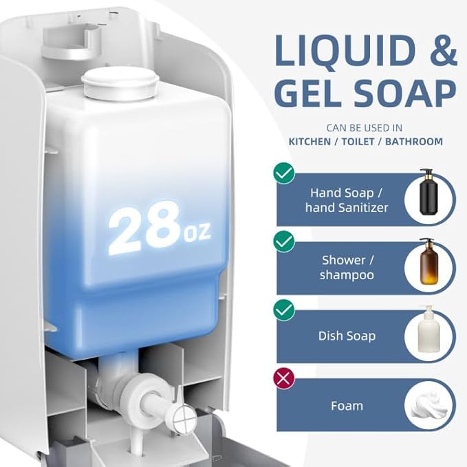 Soap Dispenser Wall Mount 28oz Commercial Hand Soap Dispenser for Bathroom Liquid Gel Hand Sanitizer Dispenser No Drilling Silver