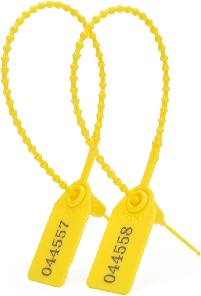 200pcs Plastic Security Tamper Seals Shipping Tags Disposable Signage Numbered Pull Tight Padlock Safety Self-Locking Seal Ties Tag, Yellow